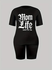 Mom Life Print 2pc Set Gothic Letter Print T Shirt & Shorts Women's Outfits