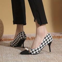 Faux Pearl Stiletto Heels Point Toe Houndstooth Pumps Women's Pumps