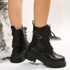 Women's Platform Combat Boots Lace Up Side Zipper Ankle Boots