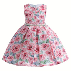 Girls Sleeveless Flowers Graphic Princess Dress Gown Piano Performance Dress