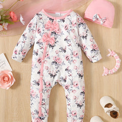 2pcs Baby Girls Floral Print Romper & Hat Set Kids Casual Clothes