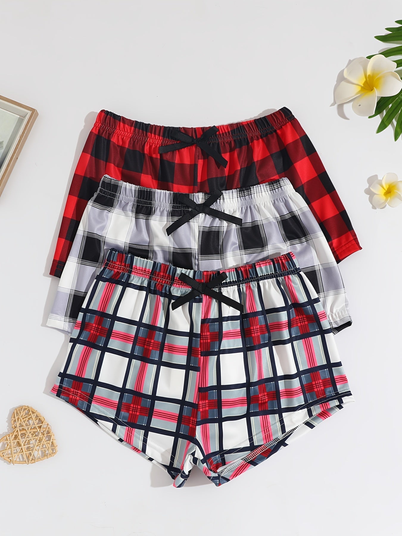 3pcs Kids Red Plaid Bowknot Shorts Elastic Waist