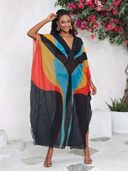 Boho Abaya Dress Women's Plus Colorblock Bat Sleeve V Neck