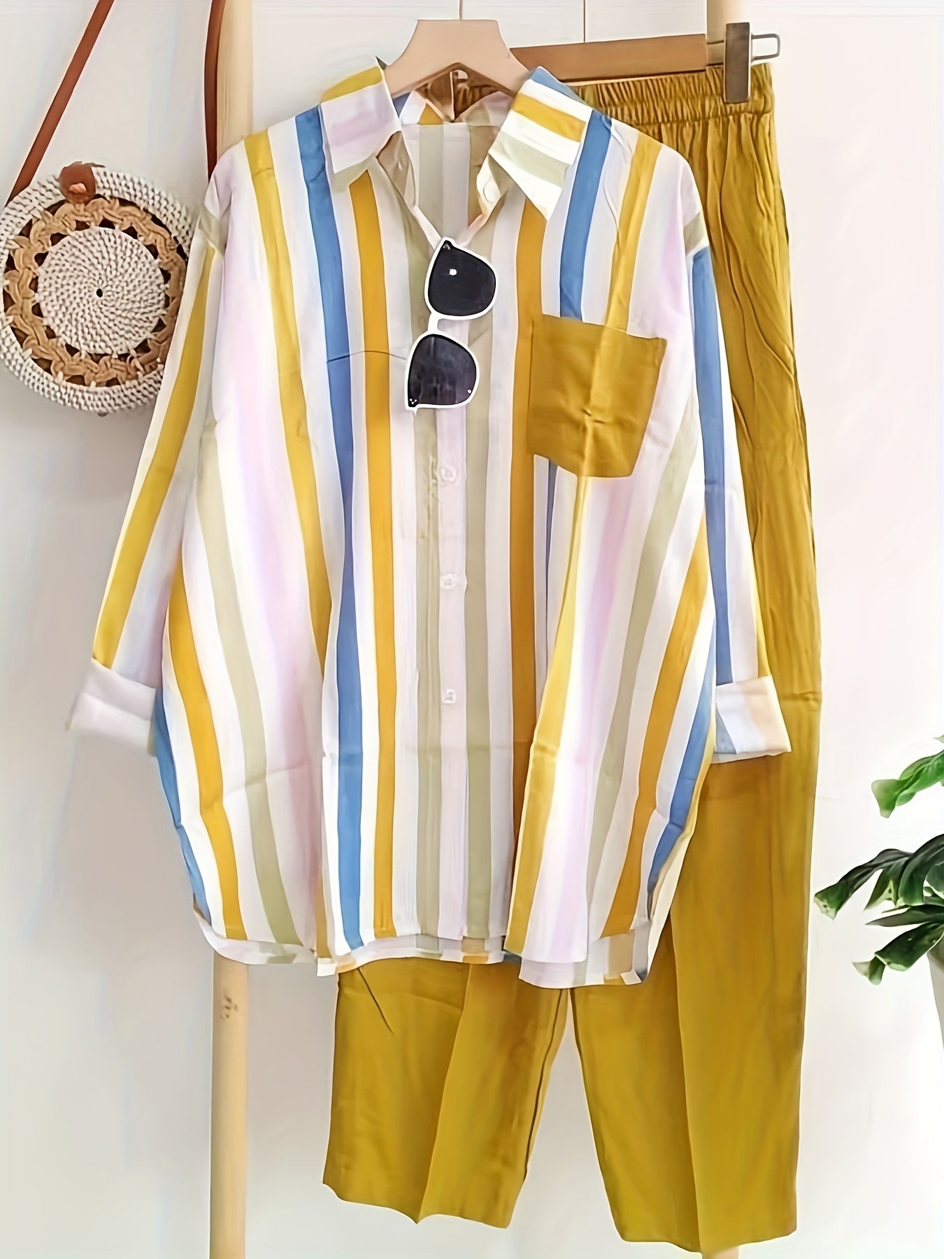 Stripe Print Shirt & Pants Outfit Set