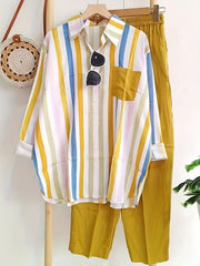 Stripe Print Shirt & Pants Outfit Set