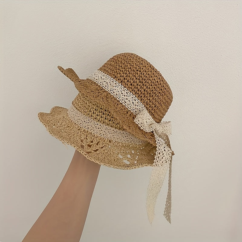 Kids Straw Sun Hat with Lace Butterfly Knot