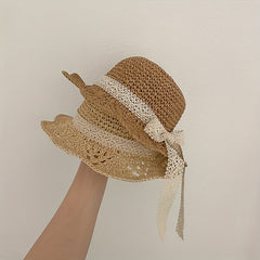 Kids Straw Sun Hat with Lace Butterfly Knot