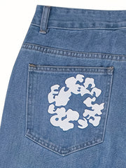 Men's Printed Denim Jeans Straight Leg Casual Street Style