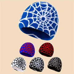 Ear Protection Windproof Knit Beanie Hat Spider Web Embroidery