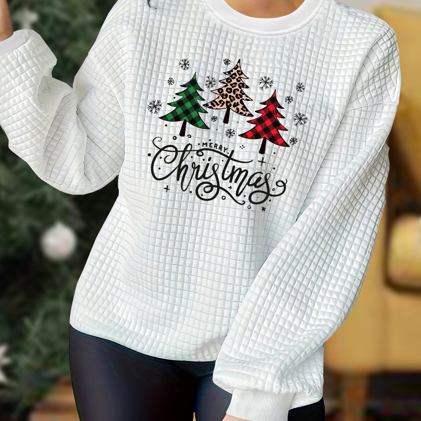 Christmas Casual Loungewear Top Women's Plus Slogan & Tree Print Waffl