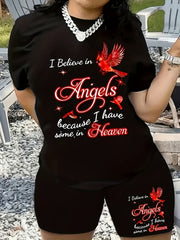 Letter & Lucky Bird Print 2pc Set T shirt & Biker Shorts