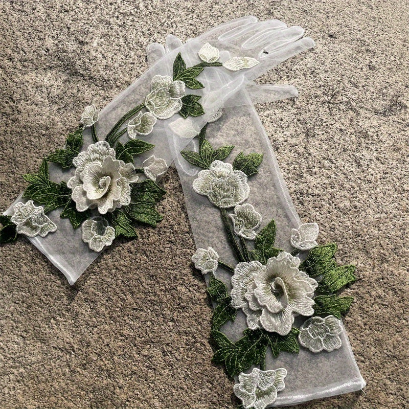 3D Floral Bridal Wedding Dress Gloves Ivory Mesh Flowers Holiday Accessory