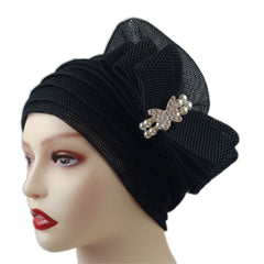 Mesh Pleated Bow Turban Cap Head Scarf Ramadan Head Wraps Beanie