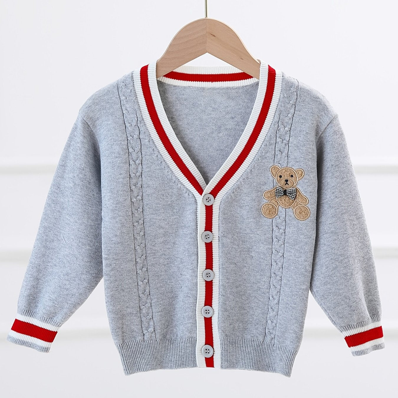 Boys Bear Embroidered Cardigan Sweater Long Sleeve Crew Neck Tops