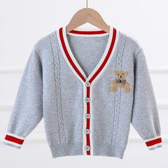 Boys Bear Embroidered Cardigan Sweater Long Sleeve Crew Neck Tops