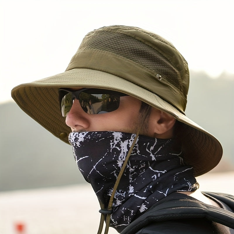 Mesh Top Bucket Hat Chin Strap Outdoor Summer Hiking Trekking Mountaineering