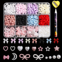 500PCS 3D Nail Art Kit Resin Bows Flat Back Pearls Assorted Shapes DIY Craft
