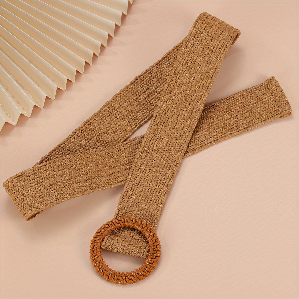 Khaki Elastic Straw Belt Round Wooden Buckle Wide Waistband for Women