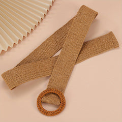 Khaki Elastic Straw Belt Round Wooden Buckle Wide Waistband for Women