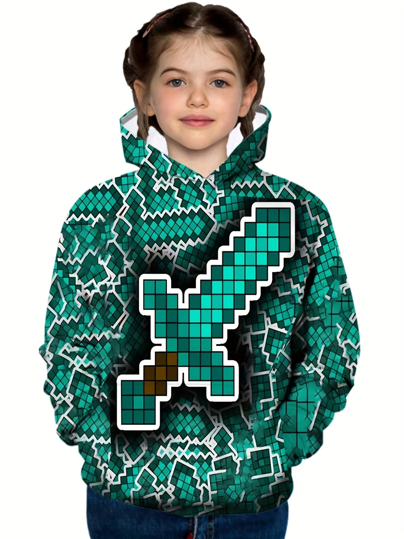 Green Sword Print Boys Hoodie for Spring Fall