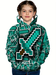 Green Sword Print Boys Hoodie for Spring Fall