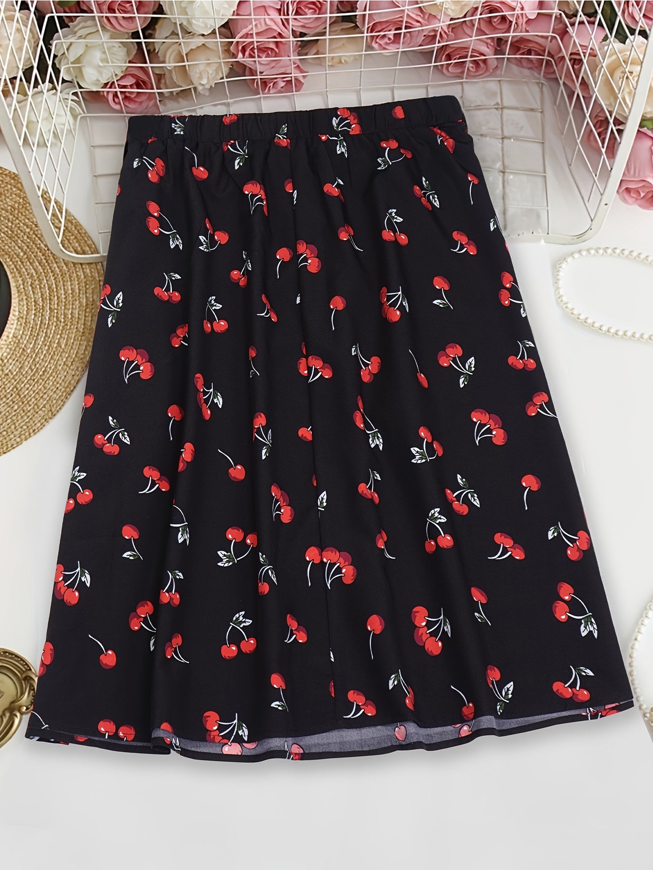 Cherry Print A-line Skirt with Elastic Waist