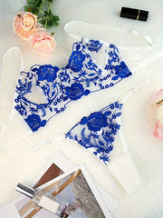 Floral Embroidered Lace Mesh Lingerie Set