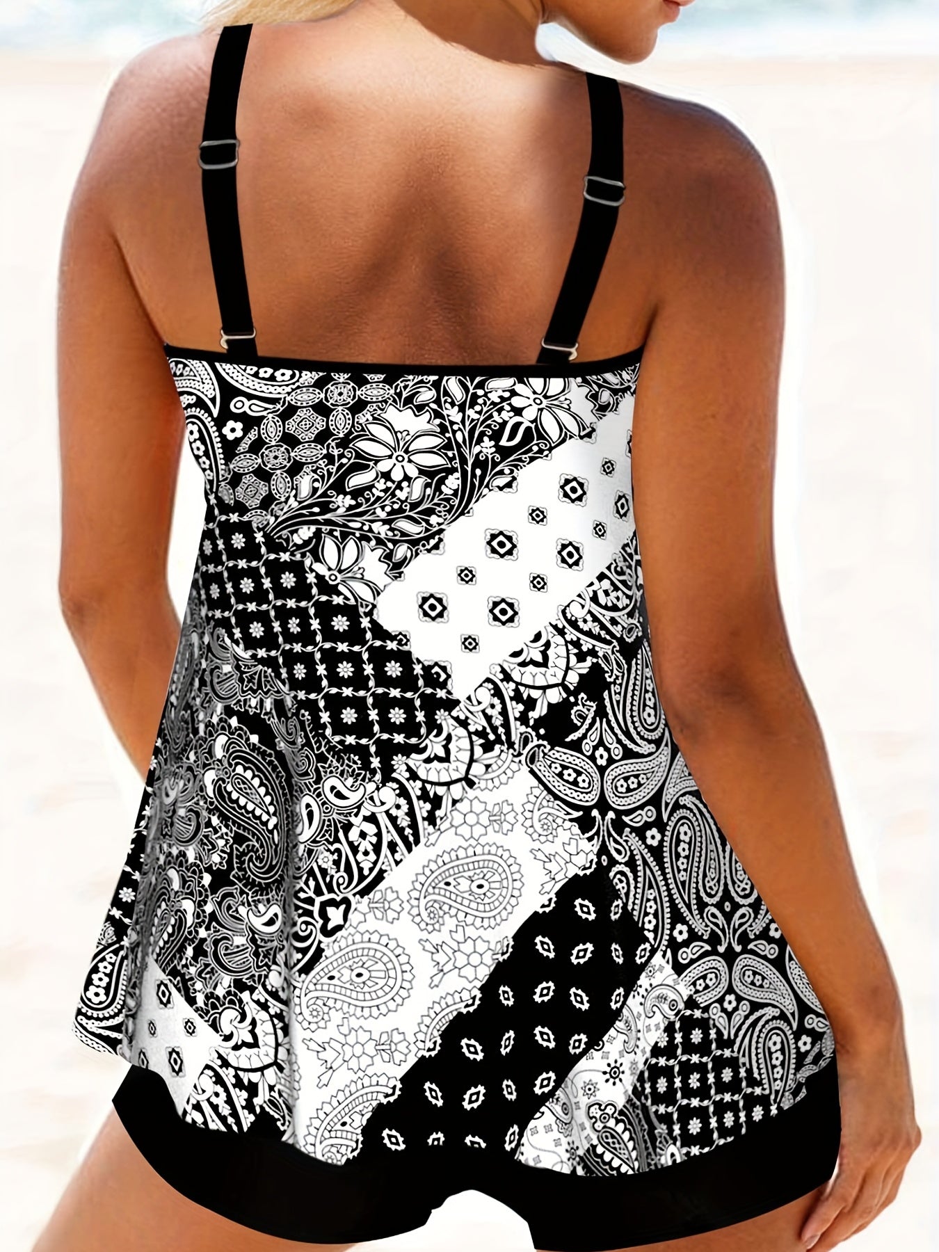 Women's Plus Size Boho Tankini Set Patchwork Paisley Print Cami Top & Shorts