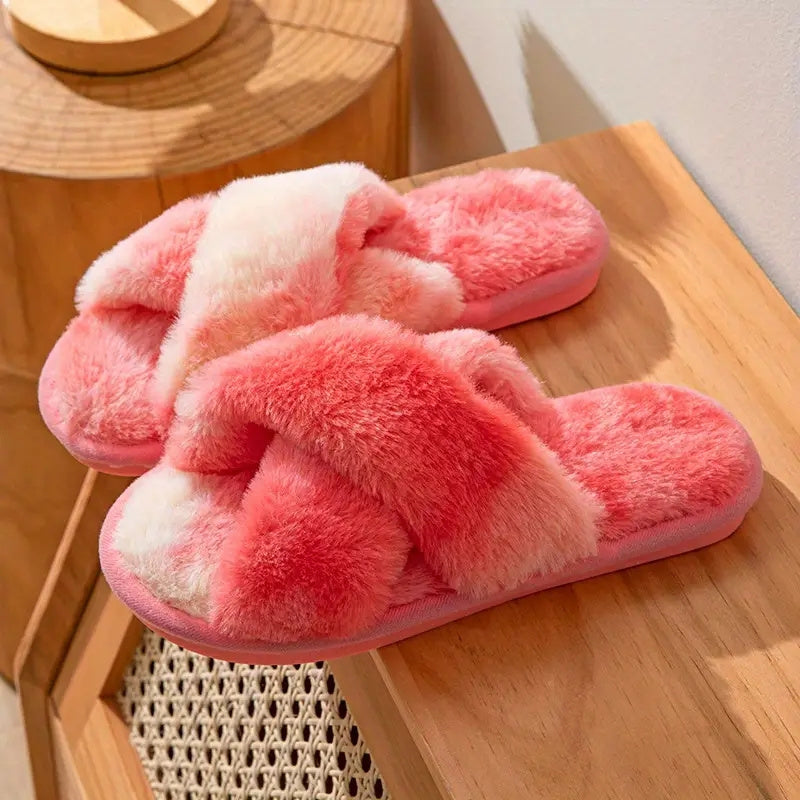 Women's Tie Dye Plush House Slippers Warm Open Toe Slip On Shoes