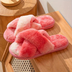 Women's Tie Dye Plush House Slippers Warm Open Toe Slip On Shoes