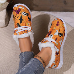 Halloween Horror Cat Pumpkin Print Plush Lined Furry Slip On Sneakers