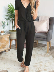 Solid V Neck Drawstring Waist Jumpsuit - Short Sleeve - Spring & Summer