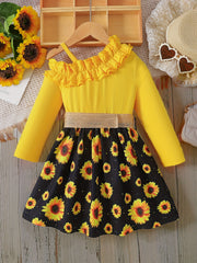 Girls' Sunflower Frill One Shoulder Dress Set & Belt