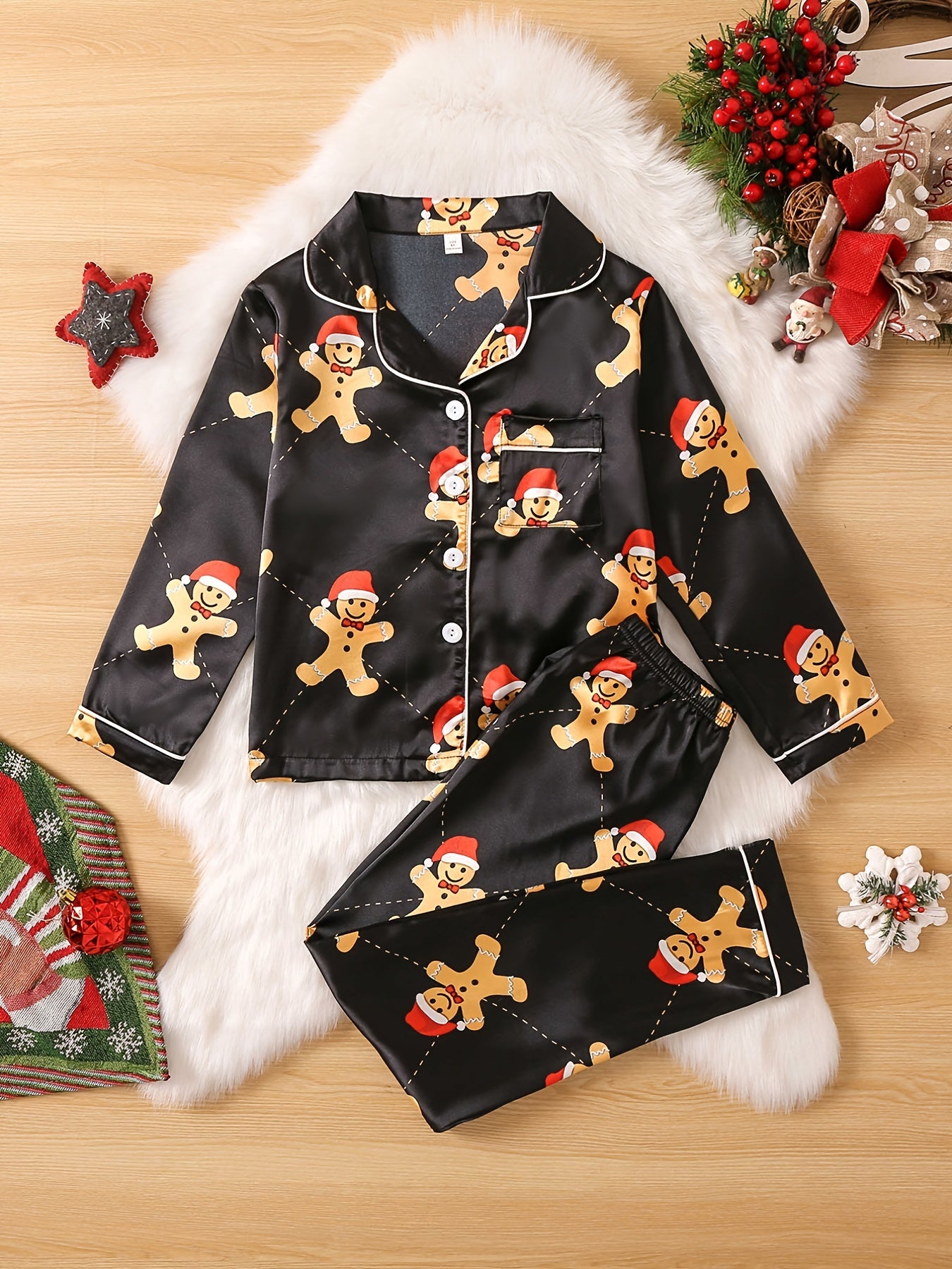 Kids Bear Pattern Satin Lounge Wear Top & Pants Set for Christmas