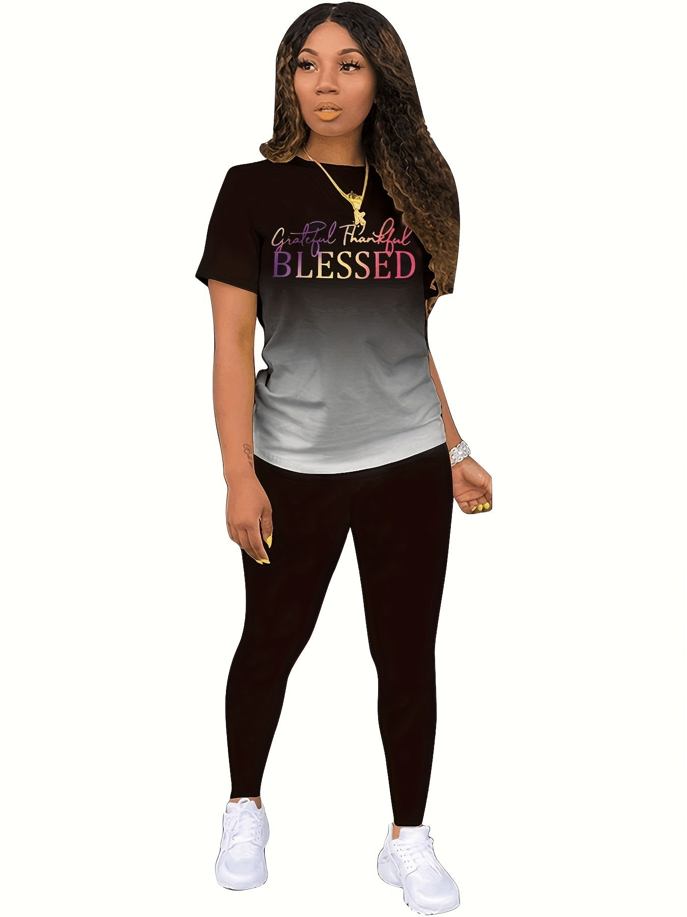 Blessed Print Tee & Slim Pants Workout Set