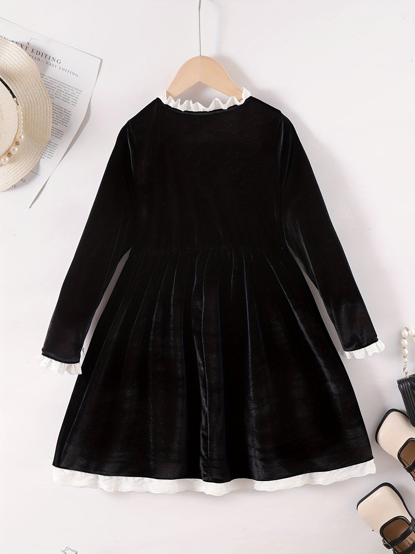 Vintage Princess Dress For Big Girls Velvet Lace Stand Collar Long Sleeve
