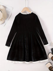 Vintage Princess Dress For Big Girls Velvet Lace Stand Collar Long Sleeve