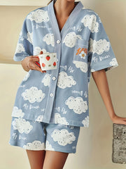Cloud Print Lounge Set Short Sleeve Buttons Top & Elastic Waistband Shorts