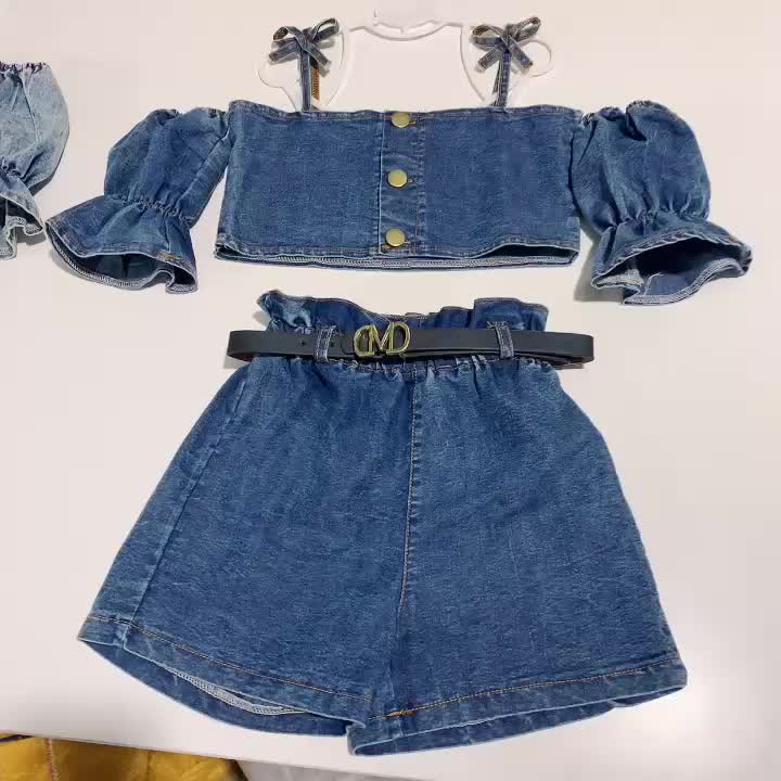 2pcs Toddler Girls Button Crop Top & Shorts Denim Set Summer Clothes