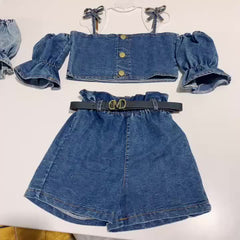 2pcs Toddler Girls Button Crop Top & Shorts Denim Set Summer Clothes