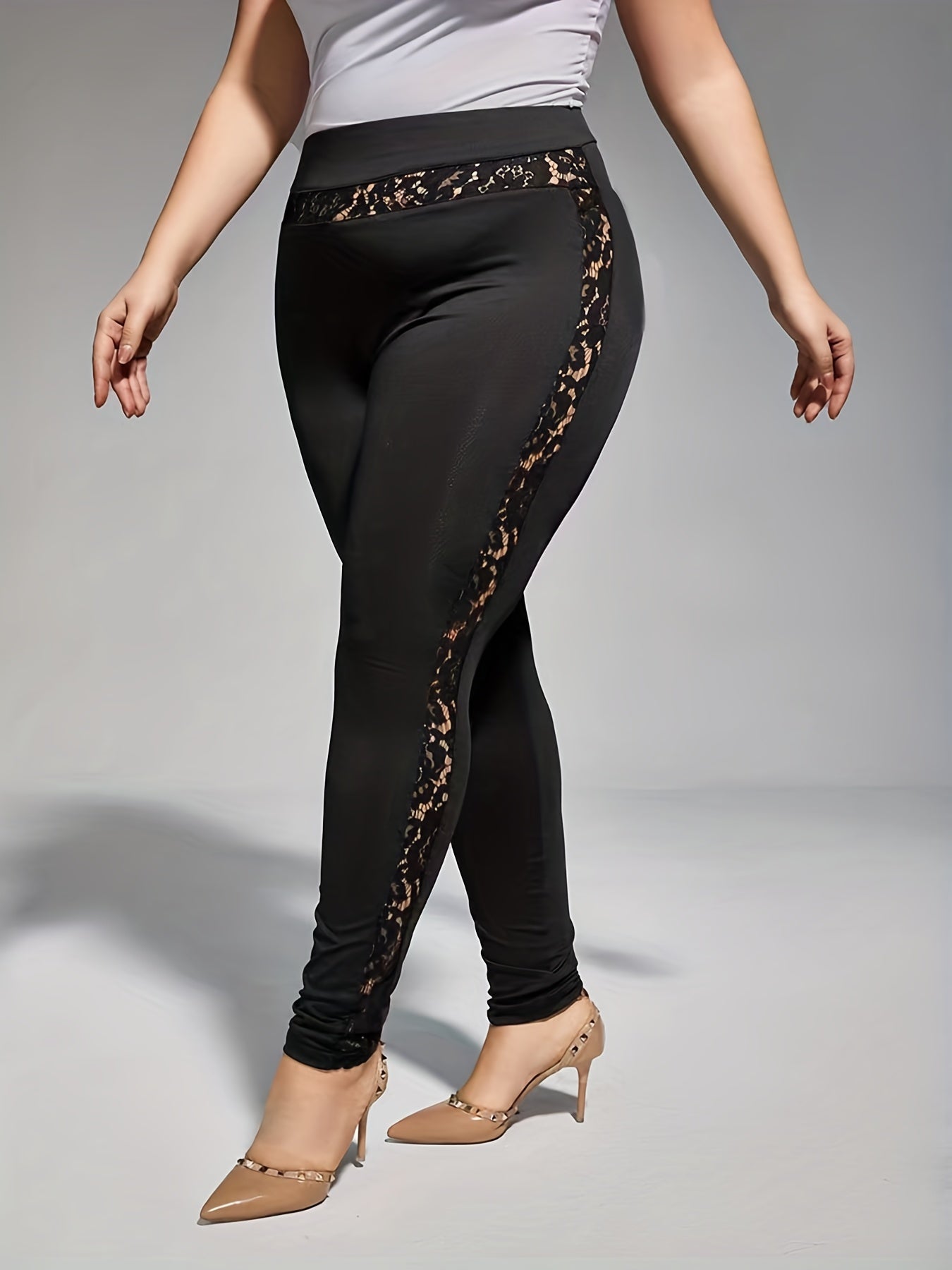 Casual Leggings Solid Lace Panel High Stretch Leggings