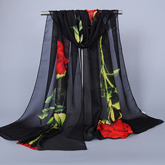 Rose & Floral Chiffon Scarf Lightweight Silk Neck Vintage Wrap