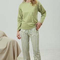 Plaid Print Long Pajamas Set Crew Neck Top & Comfortable Pant