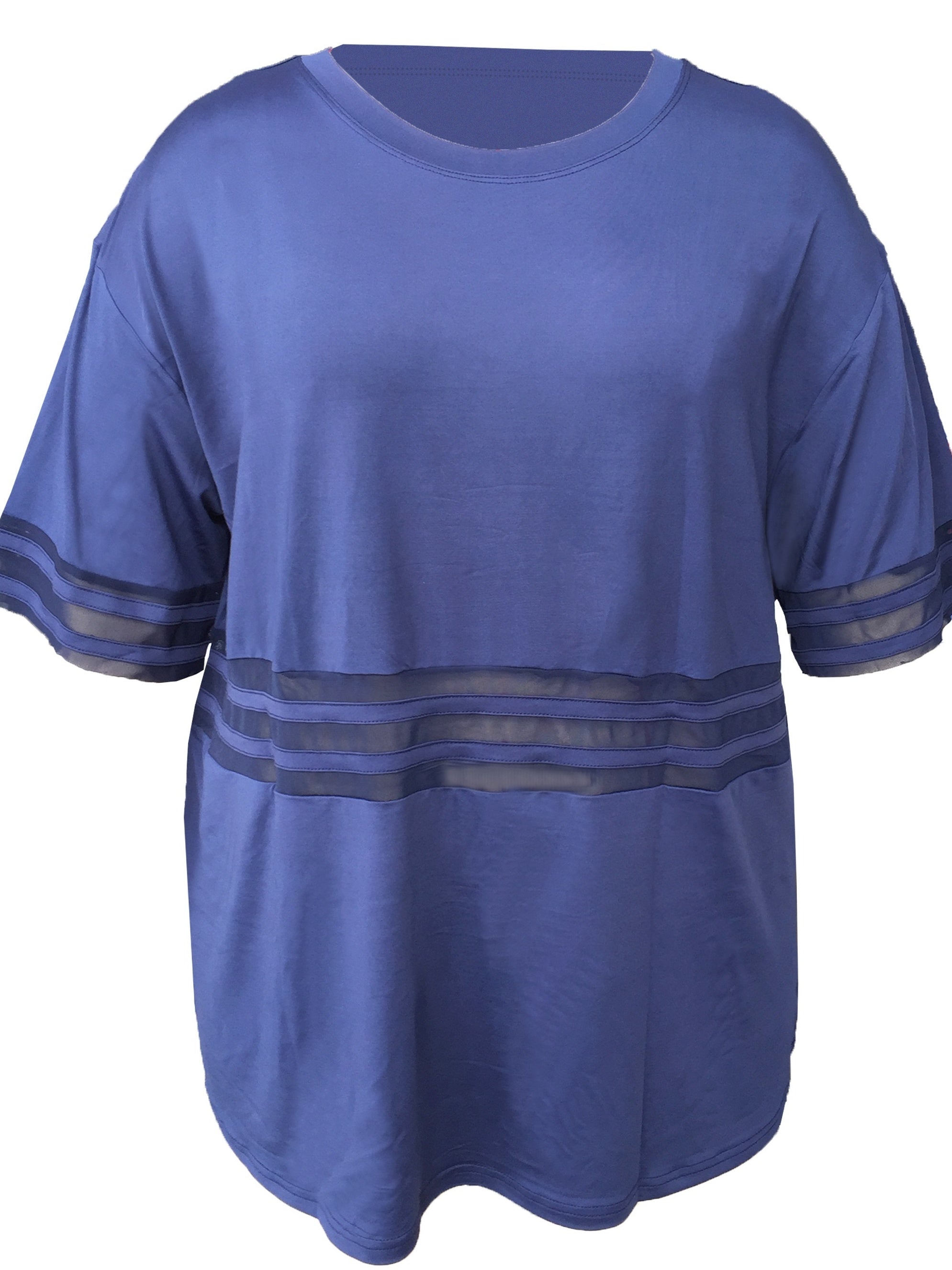 Sports Top Women's Plus Solid Contrast Mesh Short Sleeve Round Neck