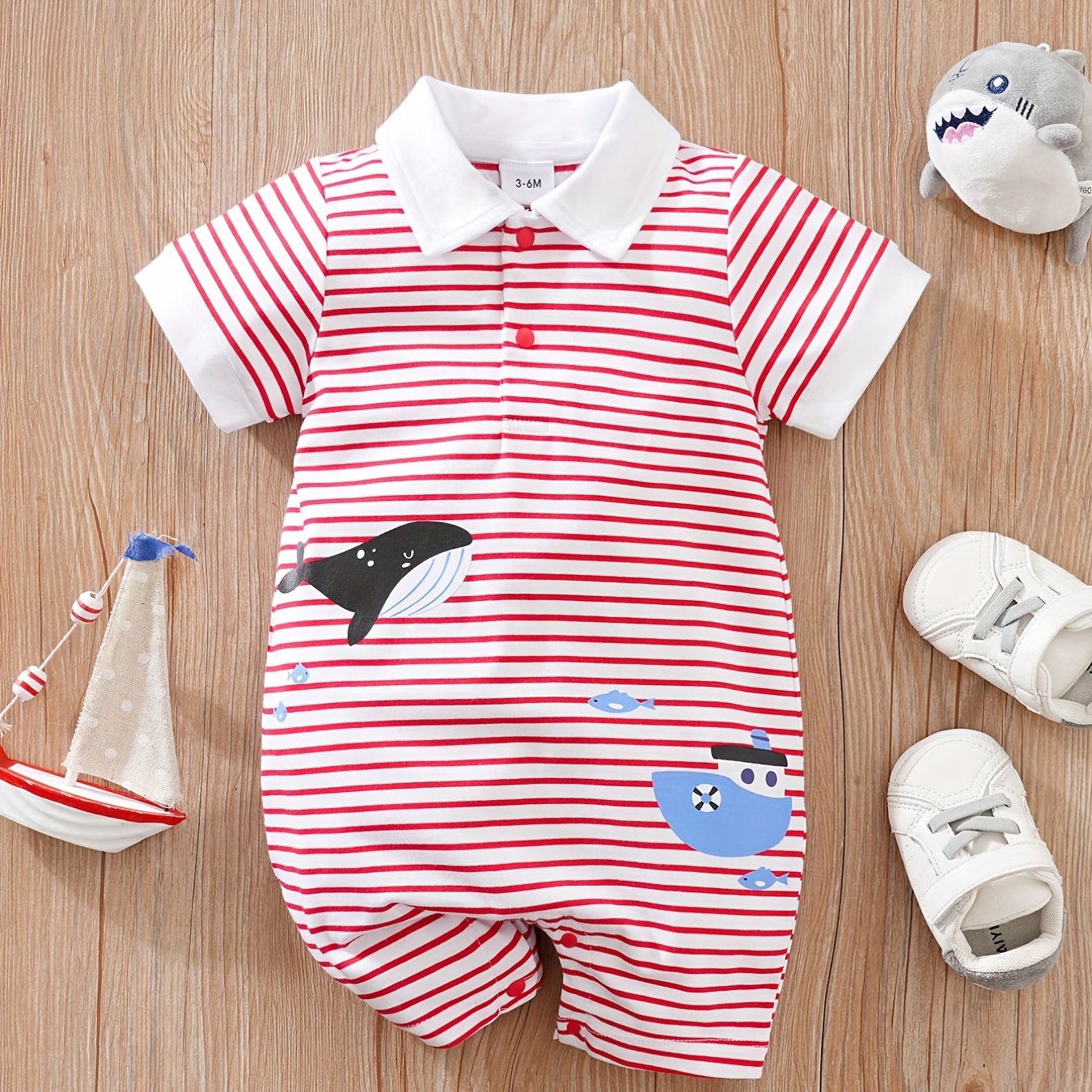 Baby Boys Whale Graphic Striped Romper Jumpsuit Clothes