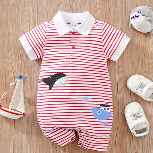 Baby Boys Whale Graphic Striped Romper Jumpsuit Clothes