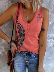 Feather Print V-Neck Tank Top Sleeveless Casual Women's Top