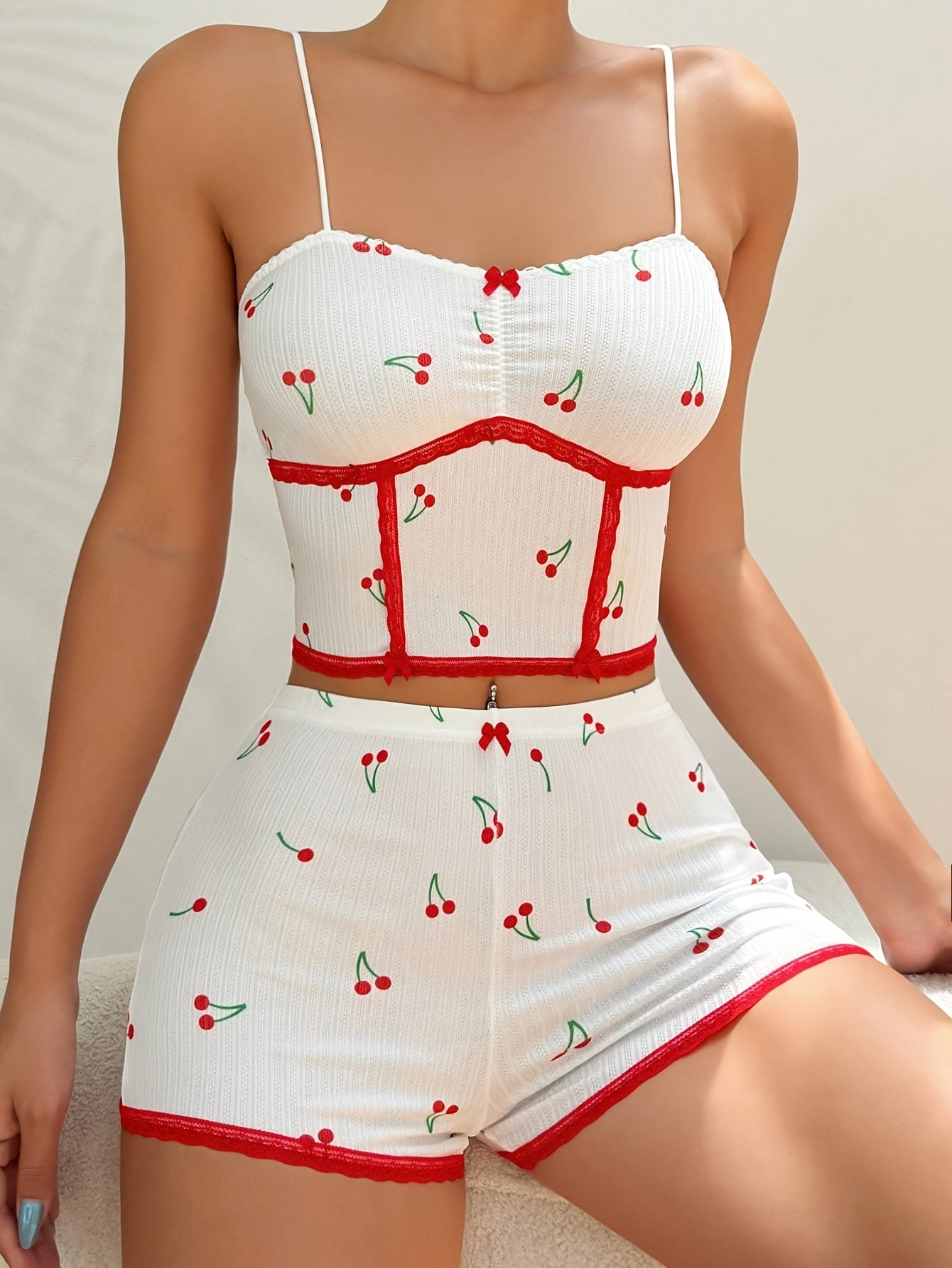 Cherry Print Pajama Set V Neck Cami Top & Shorts Sleepwear Loungewear