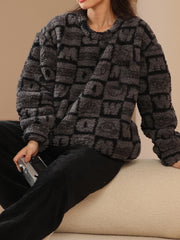 Letter Pattern Fuzzy Pajama Set Long Sleeve Crew Neck Top & Elastic Waistband