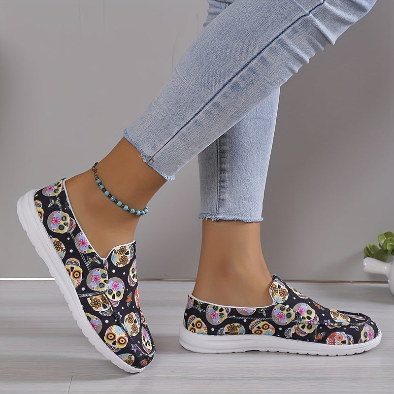 Women's Calavera Pattern Slip-On Shoes Low Non-Slip Flat Halloween Shoes